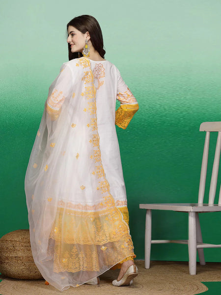Women White Embroidered Anarkali Cotton Kurta Set