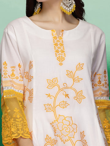 Women White Color Embroidery Web Desigen Anarkali Kurta Sharara With Dupatta Set