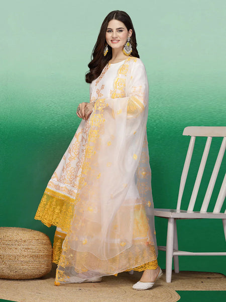 Women White Embroidered Anarkali Cotton Kurta Set