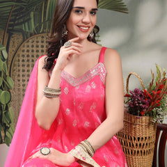 Women Pink Embroidered V-Neck Kurta & Trousers With Dupatta