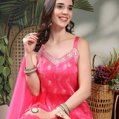 Women Pink Embroidered V-Neck Kurta & Trousers With Dupatta