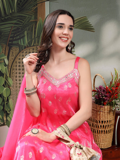 Women Pink Embroidered V-Neck Kurta & Trousers With Dupatta