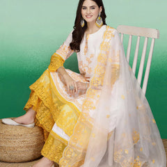 Women White Embroidered Anarkali Cotton Kurta Set
