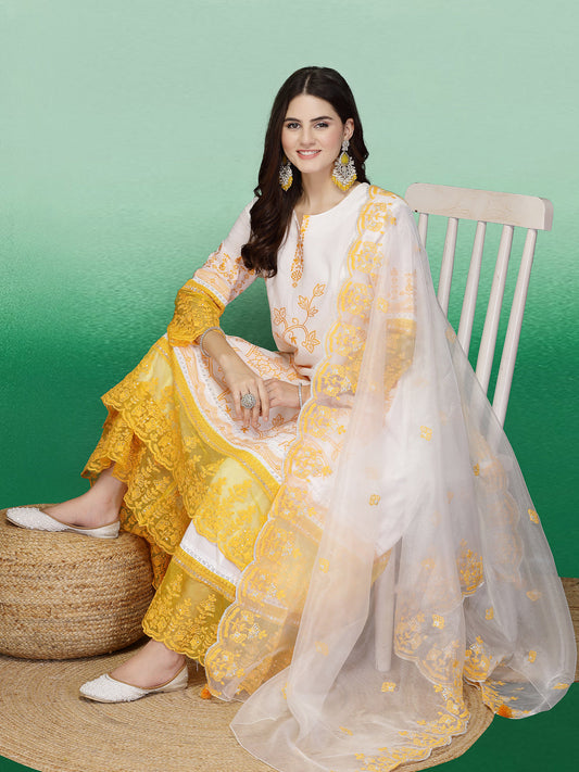 Women White Color Embroidery Web Desigen Anarkali Kurta Sharara With Dupatta Set