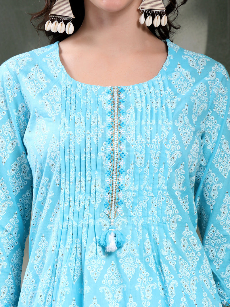 Women Turquoise Blue Floral Printed Pure Cotton Round Neck Kurta & Trousers With Dupatta