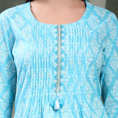 Women Turquoise Blue Floral Printed Pure Cotton Round Neck Kurta & Trousers With Dupatta