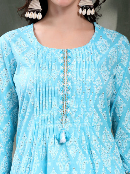 Women Turquoise Blue Floral Printed Pure Cotton Round Neck Kurta & Trousers With Dupatta