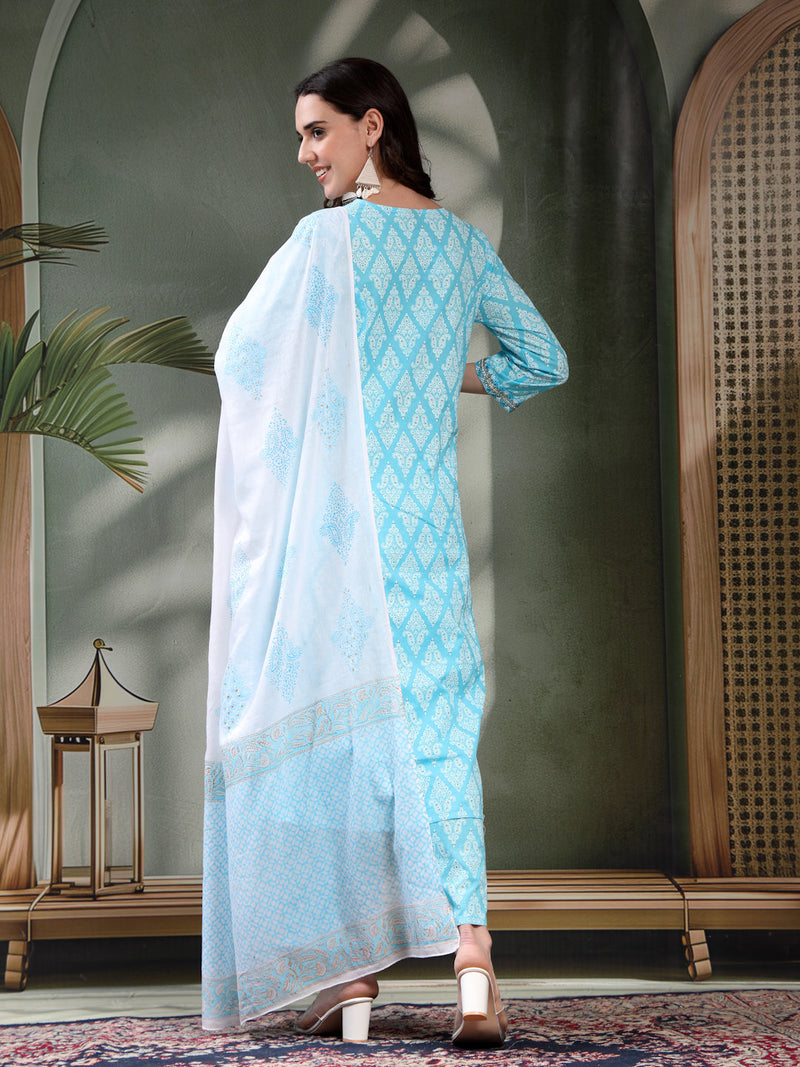 Women Turquoise Blue Floral Printed Pure Cotton Round Neck Kurta & Trousers With Dupatta