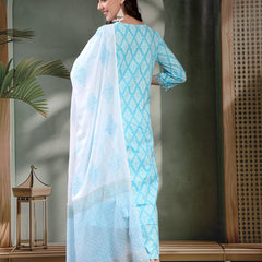Women Turquoise Blue Floral Printed Pure Cotton Round Neck Kurta & Trousers With Dupatta