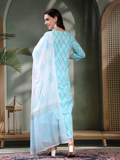 Women Turquoise Blue Floral Printed Pure Cotton Round Neck Kurta & Trousers With Dupatta