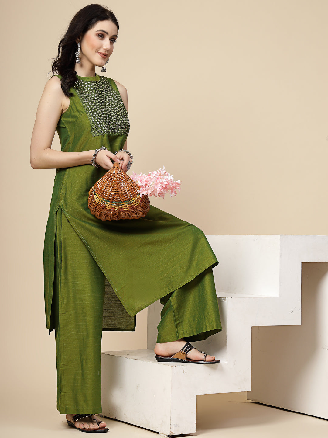 Women Green Color Embroidery Cut Sleeve kurta Palazzo Set