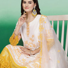 Women White Embroidered Anarkali Cotton Kurta Set