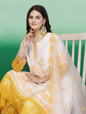 Women White Color Embroidery Web Desigen Anarkali Kurta Sharara With Dupatta Set