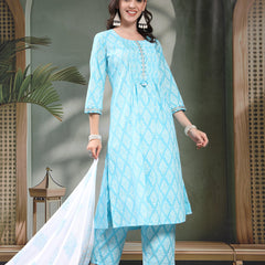 Women Turquoise Blue Floral Printed Pure Cotton Round Neck Kurta & Trousers With Dupatta