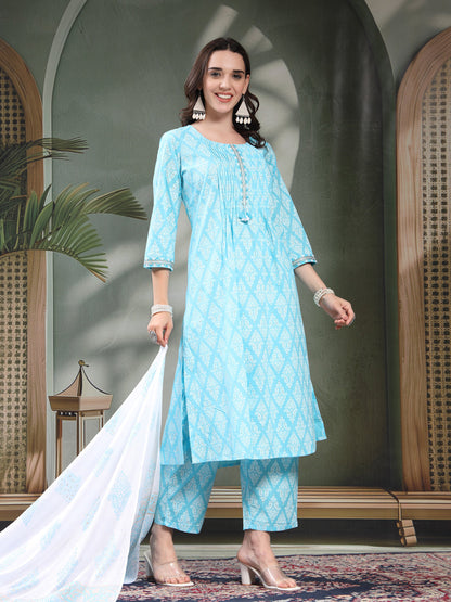 Women Turquoise Blue Floral Printed Pure Cotton Round Neck Kurta & Trousers With Dupatta
