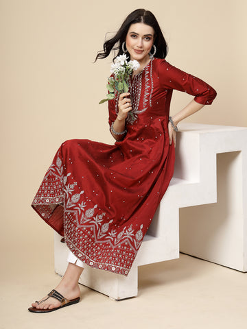 RAMA'S Designer Mehroon Embroidered Anarkali Kurta