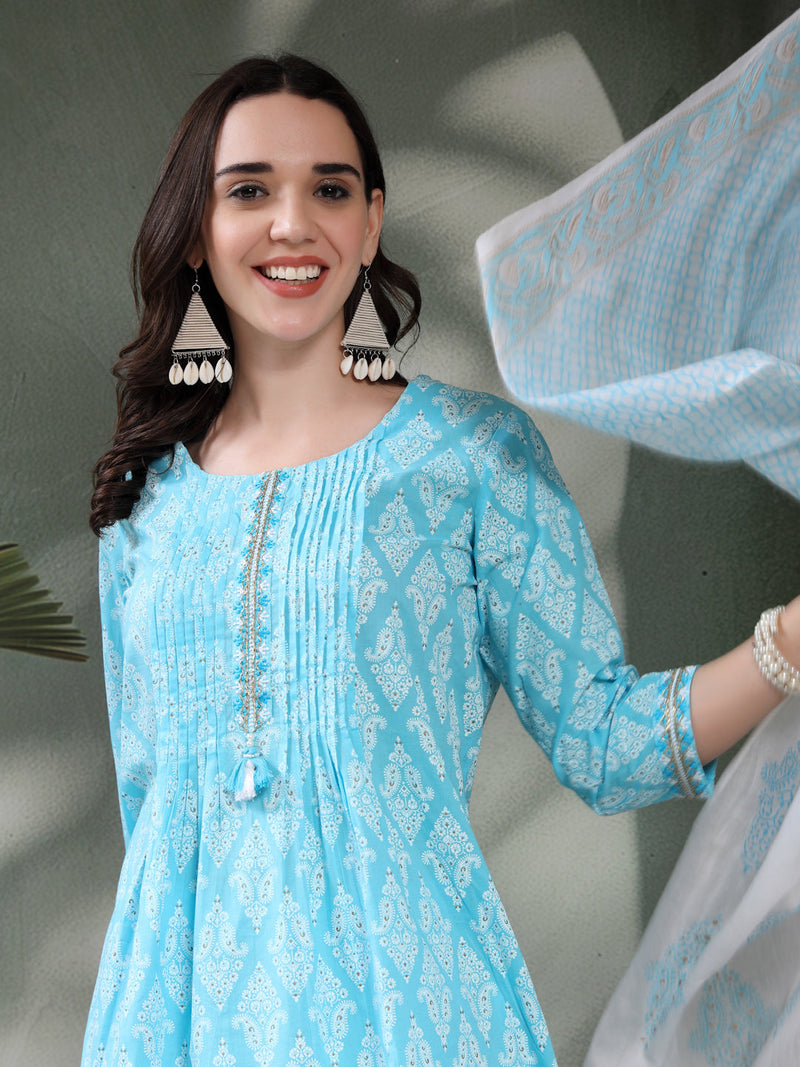 Women Turquoise Blue Floral Printed Pure Cotton Round Neck Kurta & Trousers With Dupatta