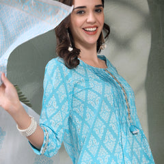 Women Turquoise Blue Floral Printed Pure Cotton Round Neck Kurta & Trousers With Dupatta