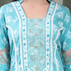 Women Turquoise Blue Embroidered Pure Cotton Square Neck Kurta & Trousers With Dupatta