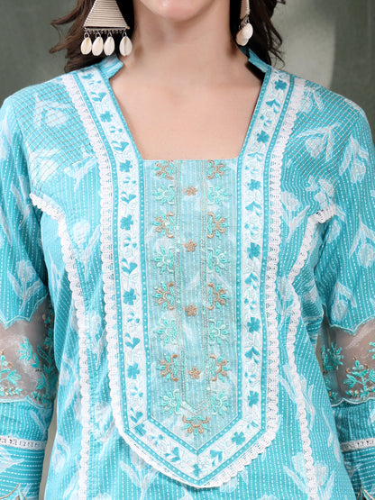 Women Turquoise Blue Embroidered Pure Cotton Square Neck Kurta & Trousers With Dupatta