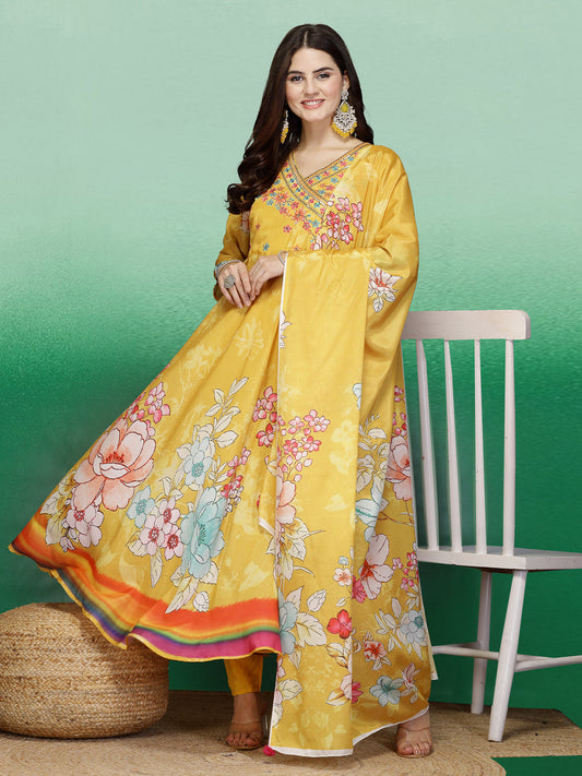 Women Yellow Color Embroidery Anarkali Kurta Pant With Dupatta Set