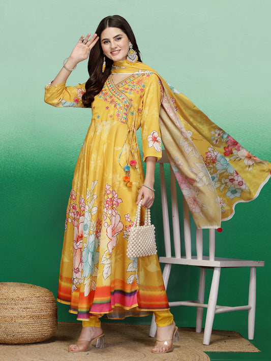 Women Yellow Color Embroidery Anarkali Kurta Pant With Dupatta Set