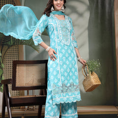 Women Turquoise Blue Embroidered Pure Cotton Square Neck Kurta & Trousers With Dupatta