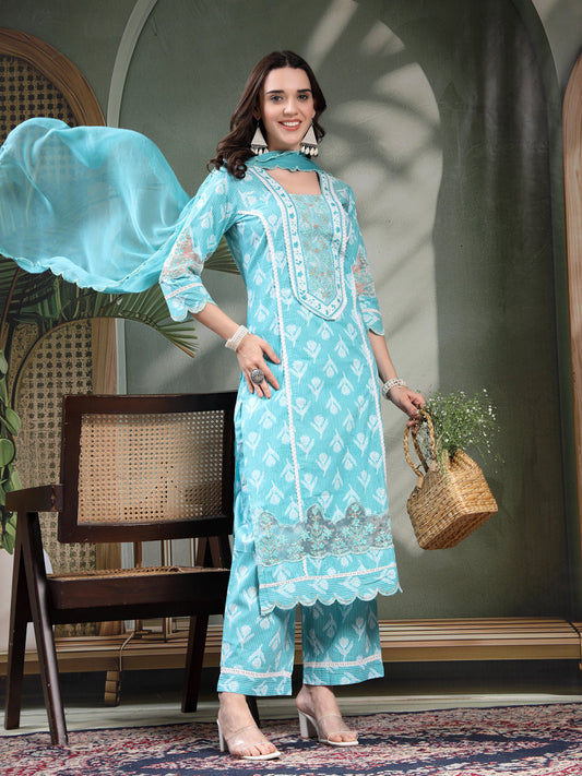 Women Turquoise Blue Embroidered Pure Cotton Square Neck Kurta & Trousers With Dupatta