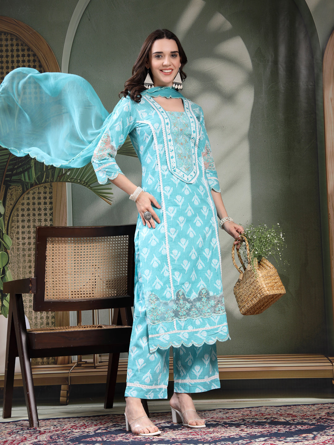 Women Turquoise Blue Embroidered Pure Cotton Square Neck Kurta & Trousers With Dupatta