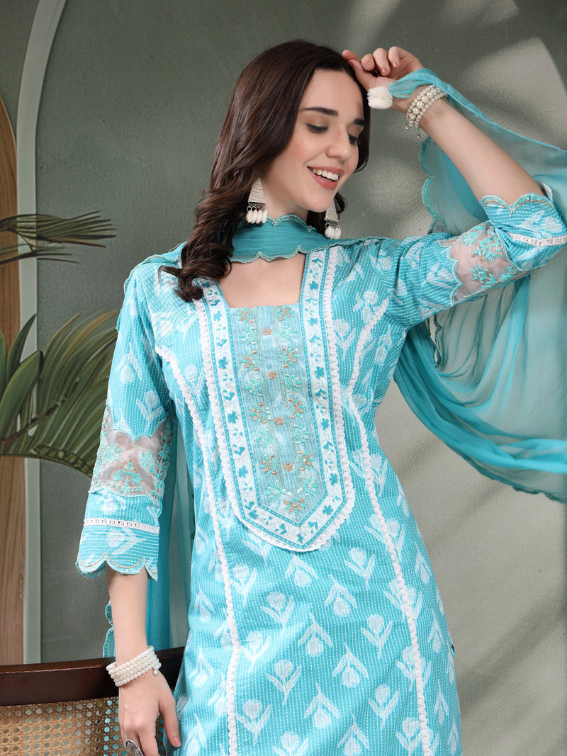 Women Turquoise Blue Embroidered Pure Cotton Square Neck Kurta & Trousers With Dupatta