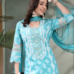 Women Turquoise Blue Embroidered Pure Cotton Square Neck Kurta & Trousers With Dupatta