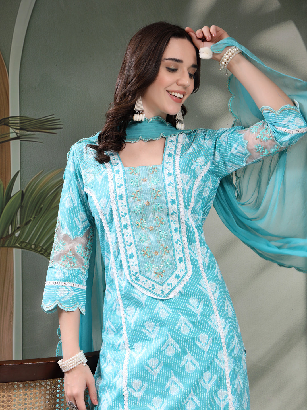 Women Turquoise Blue Embroidered Pure Cotton Square Neck Kurta & Trousers With Dupatta