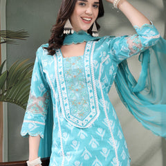 Women Turquoise Blue Embroidered Pure Cotton Square Neck Kurta & Trousers With Dupatta