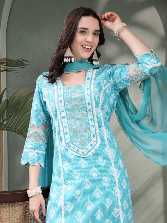 Women Turquoise Blue Embroidered Pure Cotton Square Neck Kurta & Trousers With Dupatta