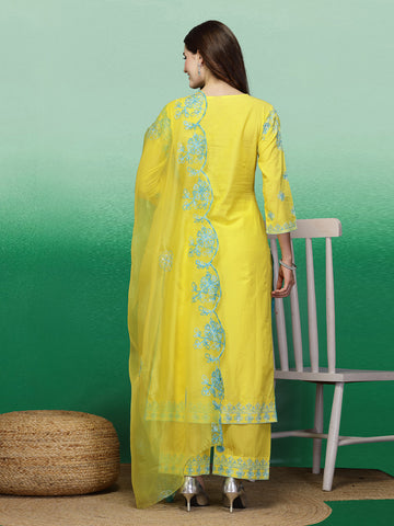 Women Yellow Color Embroidery Staright Kurta Palazzo With Dupatta Set