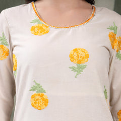 Women Off White Yellow Floral Embroidered Pure Cotton Round Neck Kurta & Palazzos With Dupatta