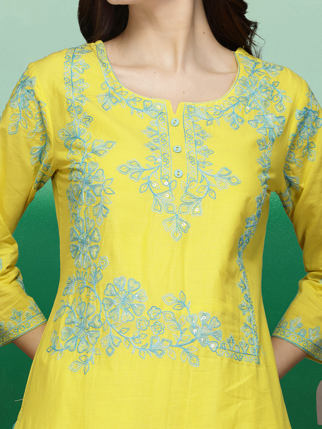 Elegant Yellow Embroidered Cotton Straight Kurta