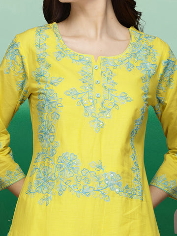 Women Yellow Color Embroidery Staright Kurta Palazzo With Dupatta Set