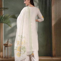 Women Off White Yellow Floral Embroidered Pure Cotton Round Neck Kurta & Palazzos With Dupatta