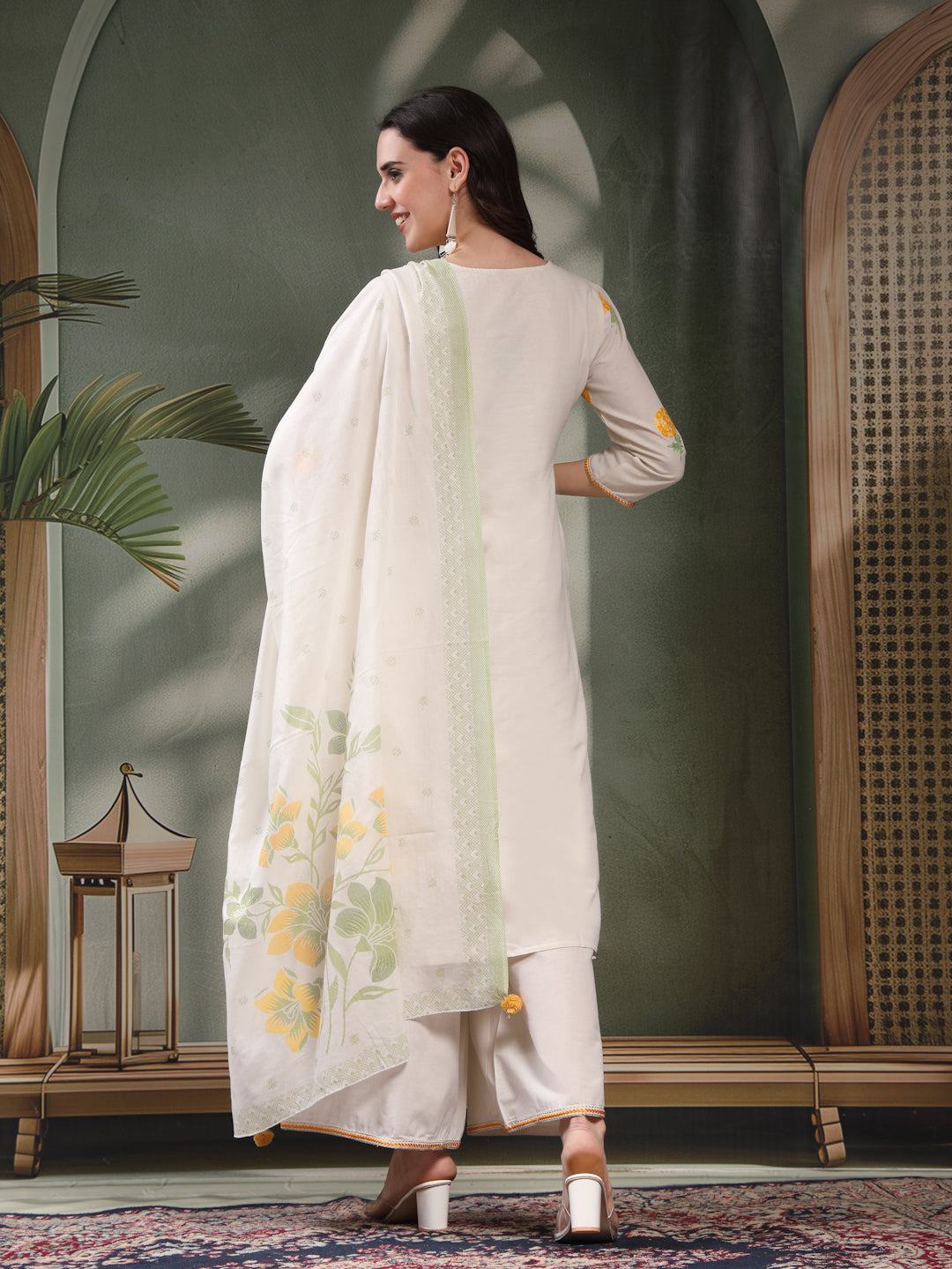 Women Off White Yellow Floral Embroidered Pure Cotton Round Neck Kurta & Palazzos With Dupatta