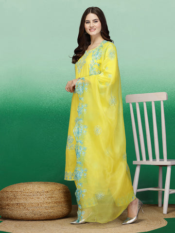 Women Yellow Color Embroidery Staright Kurta Palazzo With Dupatta Set