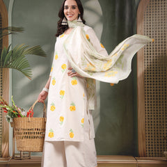 Women Off White Yellow Floral Embroidered Pure Cotton Round Neck Kurta & Palazzos With Dupatta