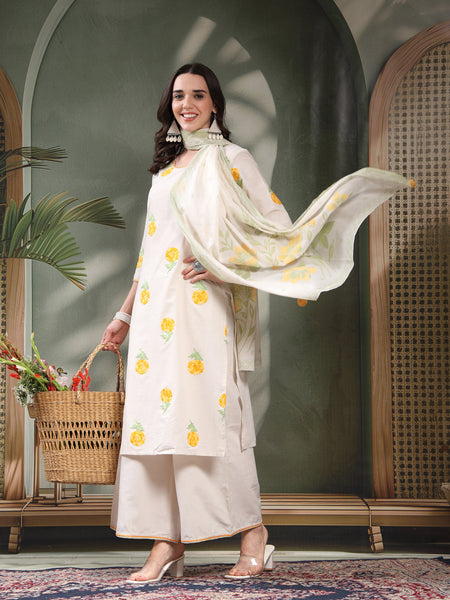 Women Off White Yellow Floral Embroidered Pure Cotton Round Neck Kurta & Palazzos With Dupatta