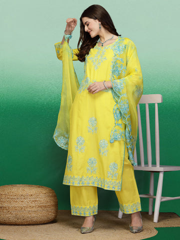 Women Yellow Color Embroidery Staright Kurta Palazzo With Dupatta Set