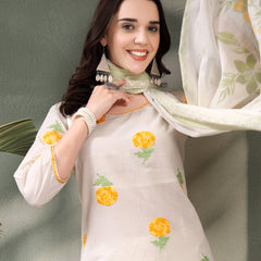 Women Off White Yellow Floral Embroidered Pure Cotton Round Neck Kurta & Palazzos With Dupatta