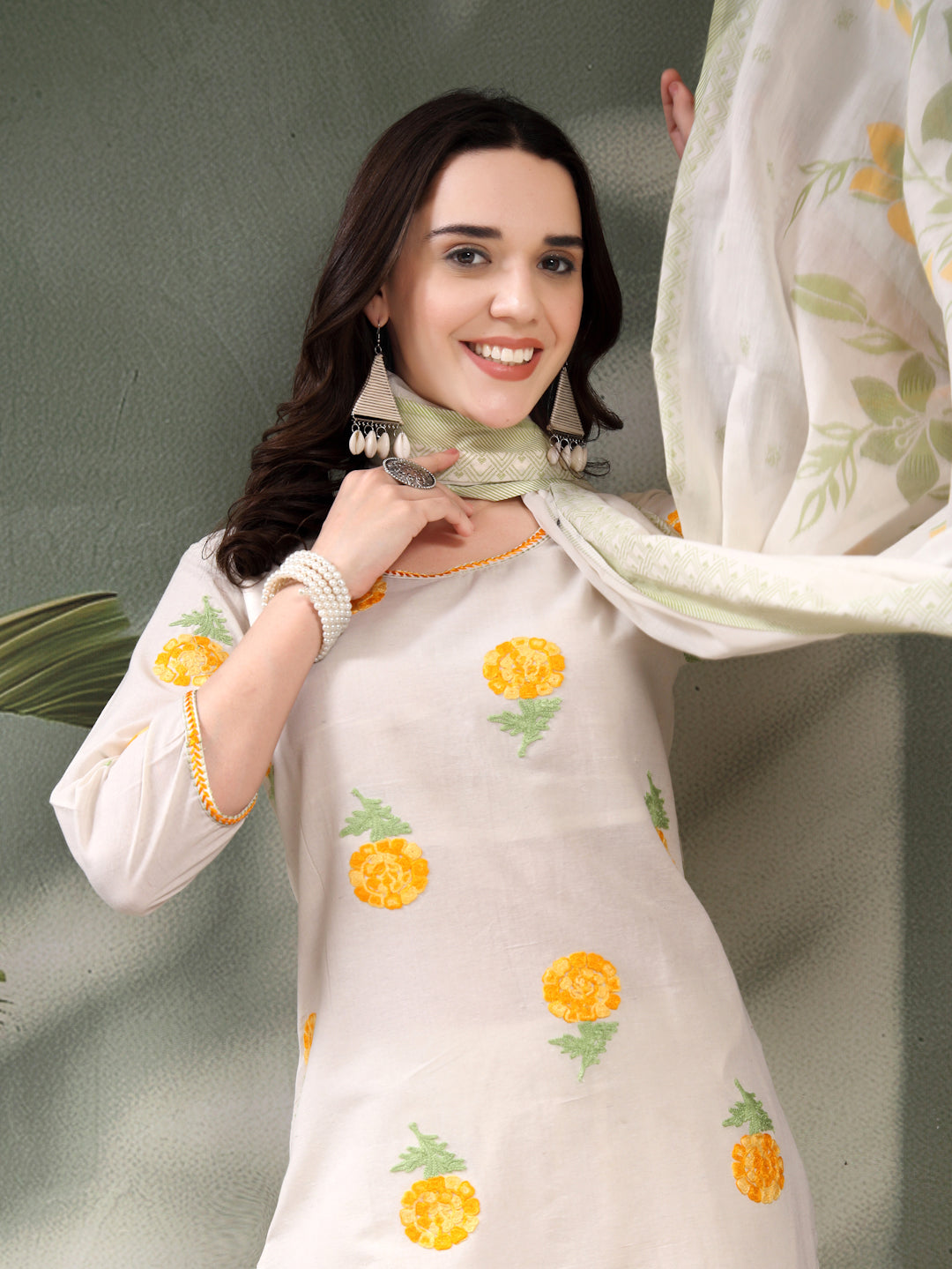 Women Off White Yellow Floral Embroidered Pure Cotton Round Neck Kurta & Palazzos With Dupatta