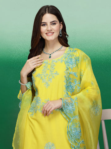 Women Yellow Color Embroidery Staright Kurta Palazzo With Dupatta Set