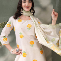 Women Off White Yellow Floral Embroidered Pure Cotton Round Neck Kurta & Palazzos With Dupatta