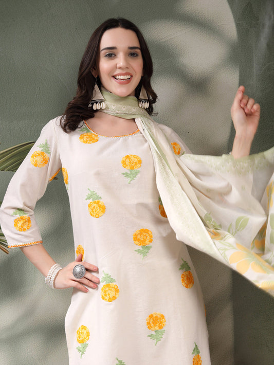 Women Off White Yellow Floral Embroidered Pure Cotton Round Neck Kurta & Palazzos With Dupatta