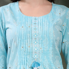Women Turquoise Blue Paisley Printed Pure Cotton Round Neck Kurta & Trousers With Dupatta